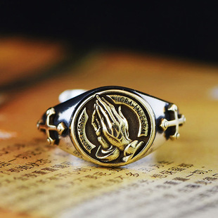 镀925银新品祈祷之手戒指复古个性朋克风十字架单身戒开口指环