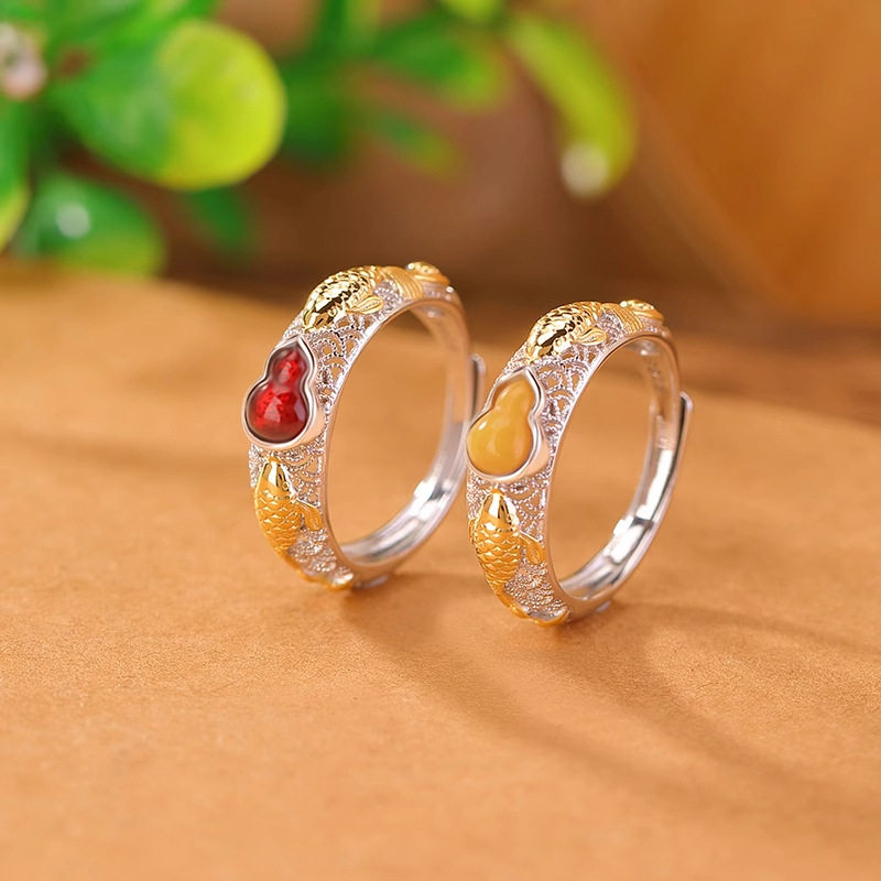 镀925银蜜蜡血珀复古国鲤鱼葫芦偏财戒指好运锦鲤指环