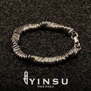 镀925银手链扭曲复古嘻哈个性 小众设计中性暗黑先锋做旧风格