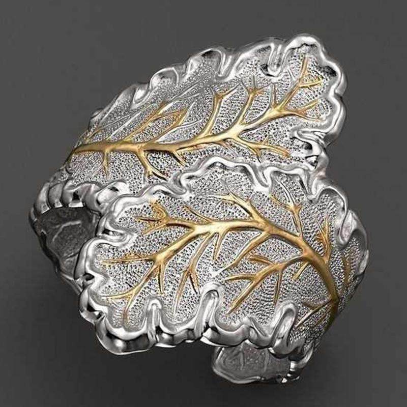 镀925银时尚复古做旧电镀工艺复古画女指环蕾丝双色树叶戒指开口