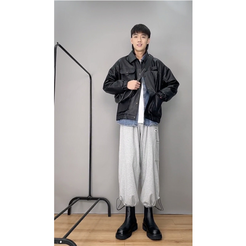 快手可乐穿搭博主网红衣服复古宽松bf风工装多口袋皮衣夹克帅外套