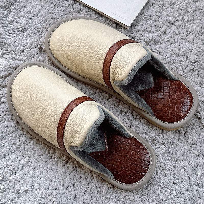 秋冬加绒头层牛皮包头高档防滑拖鞋男女居家室内木地板防滑牛筋底