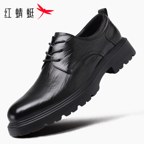 红蜻蜓男士商务休闲皮鞋新款真皮系带德比鞋厚底软面婚鞋正装皮鞋