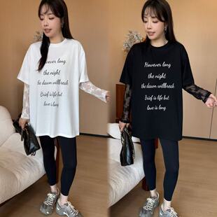 T恤 圆领字母印花拼接蕾丝假两件长袖 26026 宝藏早春韩版 二姐