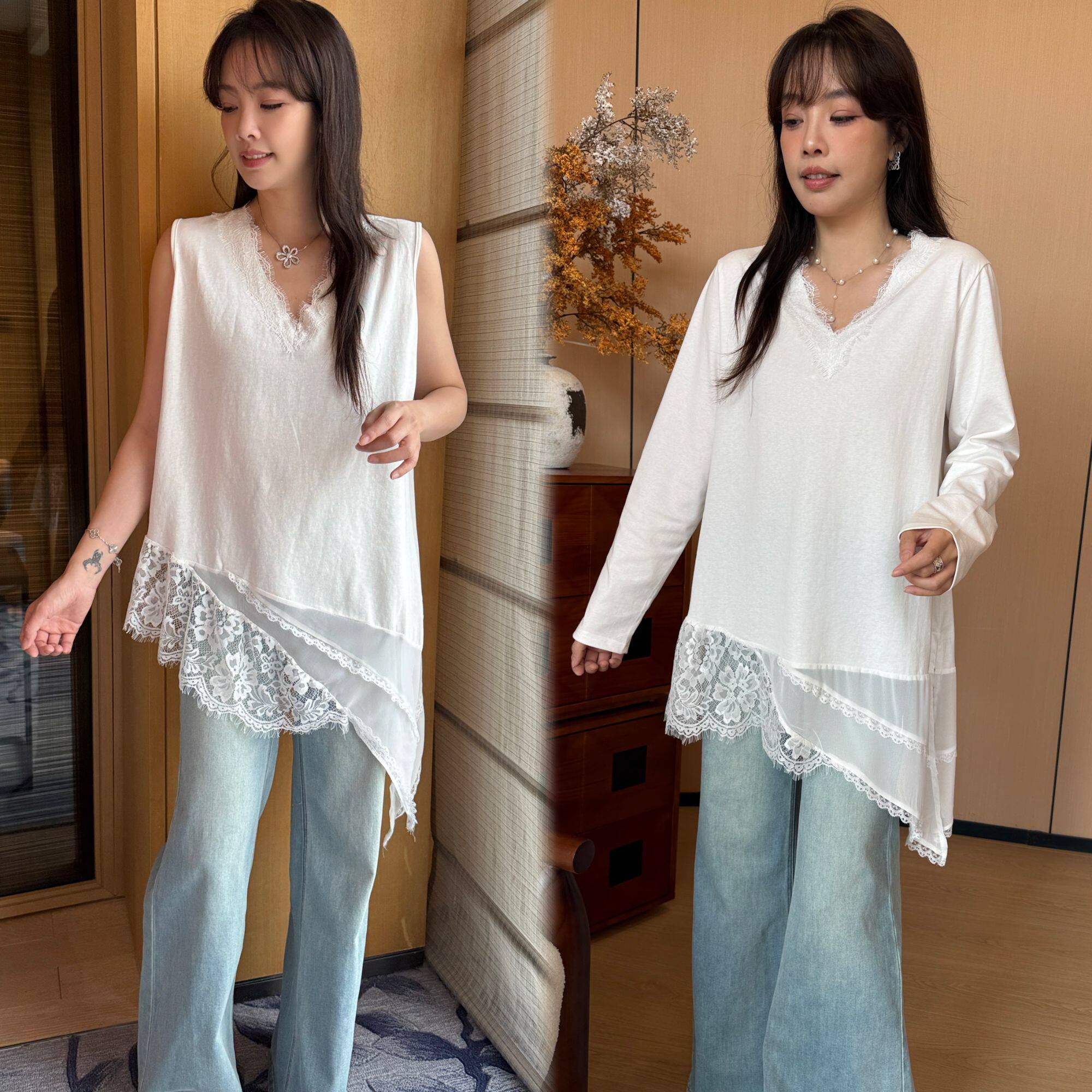 V领蕾丝拼接不规则背心叠穿T恤女内搭神器券后49.9元