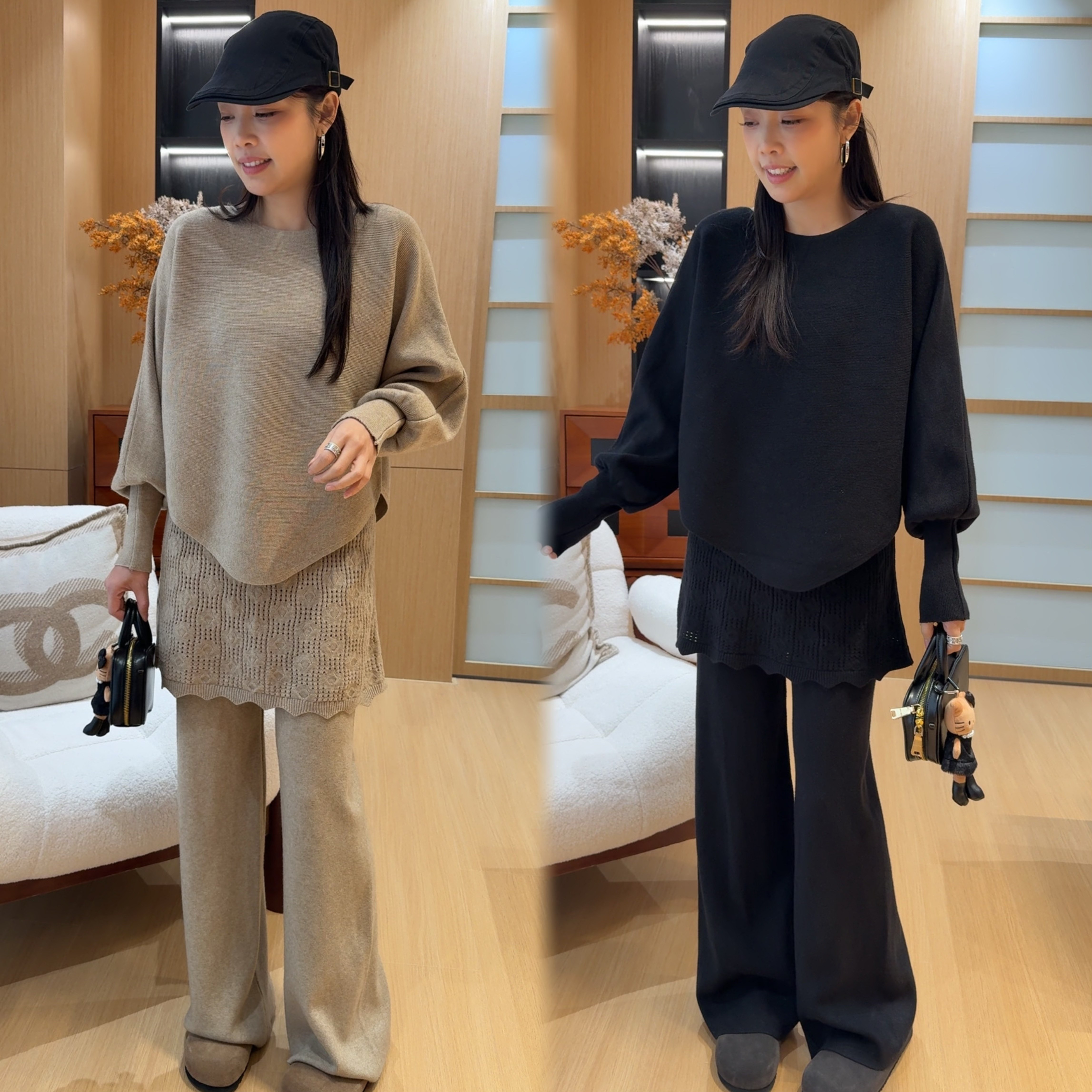 二姐的宝藏冬季新款温柔慵懒风针织毛衣镂空屁帘休闲裤套装#25538