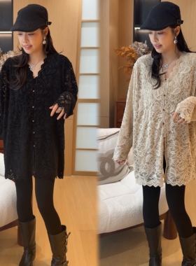 二姐的宝藏秋冬魅力穿搭法式甜美V领花边长袖蕾丝衫上衣T恤#25542