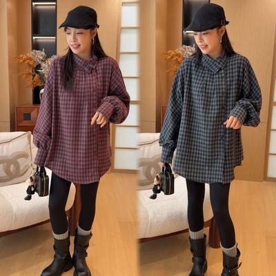 立领磨毛格纹衬衣宽松