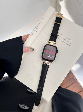 AWin秋冬细款复古真皮女表带适用苹果手表applewatch7/8/9/10通用