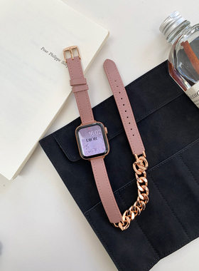 AWin春夏新款双圈皮质拼金属链表带适用苹果手表applewatch8/9/10
