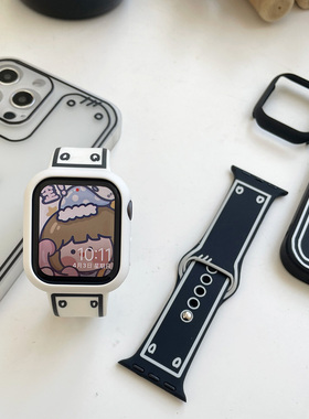 AWin漫画可爱涂鸦风黑白线条硅胶表带适用苹果手表iwatch7/8/9/10