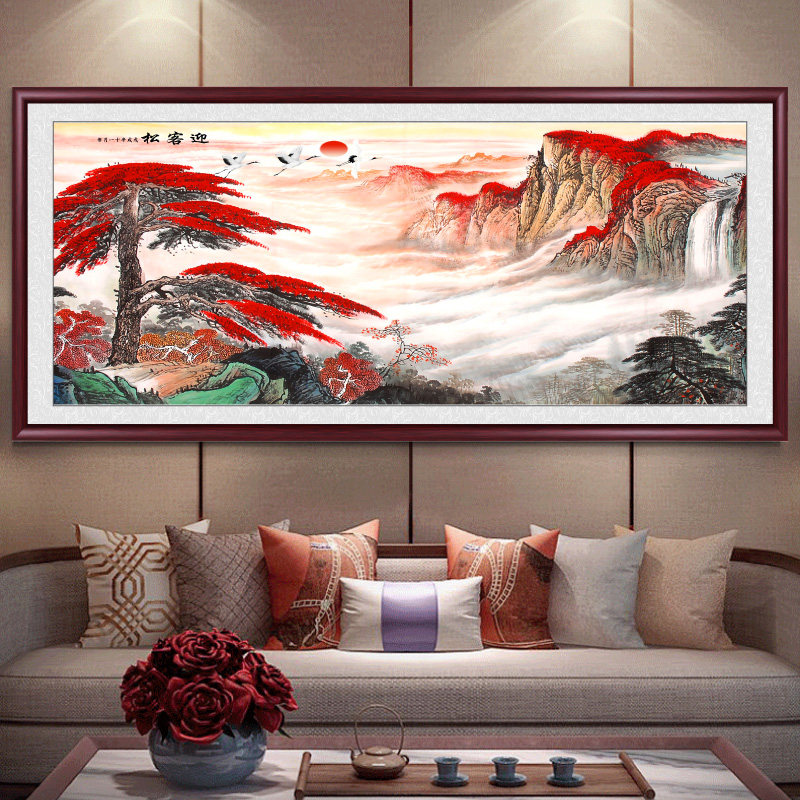 鸿运当头国画山水画客厅装饰画办公室挂画靠山沙发背景墙壁画中式