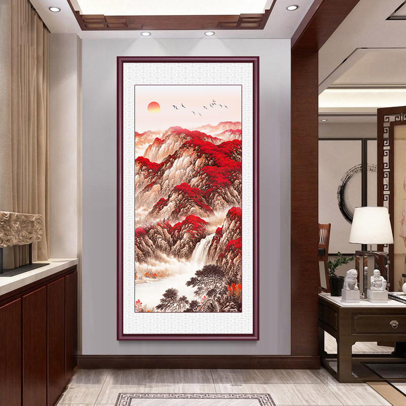 鸿运当头国画玄关装饰画竖版中式山水画靠山挂画客厅走廊过道壁画_虎窝淘