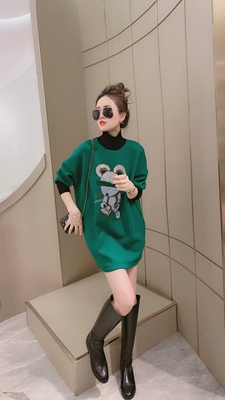 欧洲站太空棉中长款卫衣女秋季新款重工烫钻中裙宽松长袖上衣