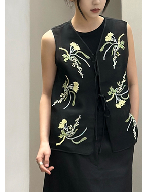 巧珀思｜双层真丝欧根纱轻薄新中式花卉刺绣绑带门襟V领马甲17443