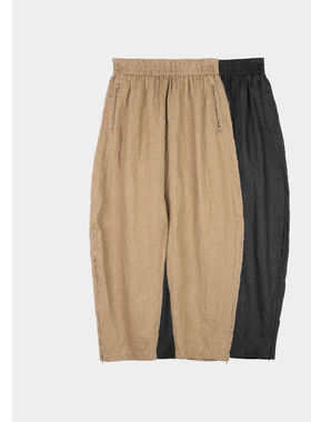 巧珀思｜轻薄雨露麻可调拉链裤脚弧形茧型裤松紧高腰亚麻裤17991