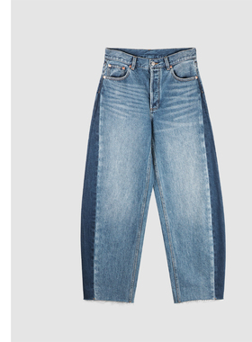 巧珀思｜23345斜纹纯棉撞色侧拼接弧形立裁镰刀毛须边裤脚牛仔裤