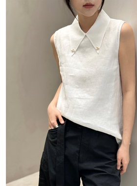 巧珀思｜GAO级度假风 法国诺曼底亚麻珍珠无袖上衣衬衫17327