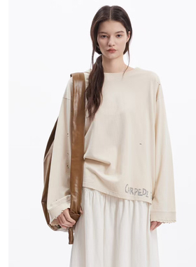 巧珀思｜做旧泼墨油彩点印花廓形宽松长袖破洞纯棉T恤15536