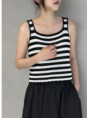 巧珀思｜法式钩花条纹背心长绒棉纯棉大领口高腰镂空短上衣17595