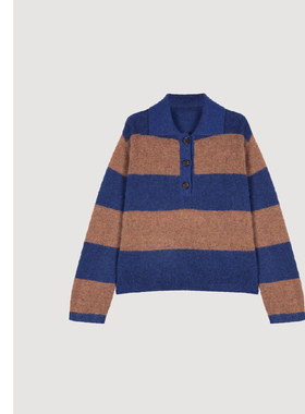 巧珀思｜23823羊驼毛锦羊毛 绒感撞色宽条纹polo领宽松针织衫毛衣