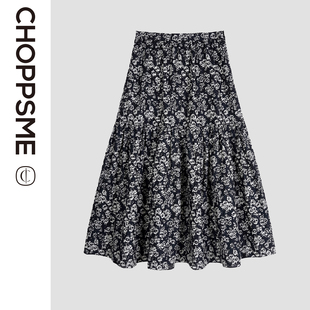 度假风显瘦纯棉黑底白碎花垂感通勤A字长半裙 巧珀思｜25737法式