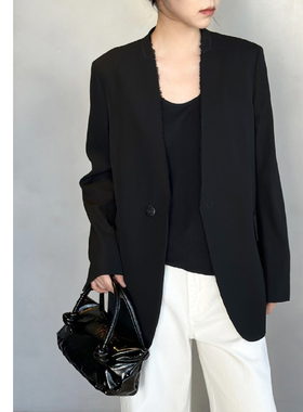 巧珀思｜日本进口时尚休闲无领毛边廓形西装简约宽松外套女15507