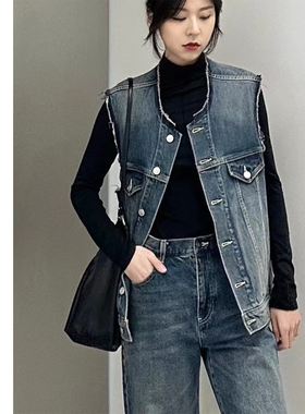 巧珀思｜12115土耳其长绒棉无领牛仔马甲毛须边水洗做旧背心