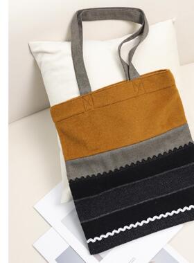 巧珀思｜羊驼绒羊毛时尚撞色条纹拼接托特包大容量手提包17359