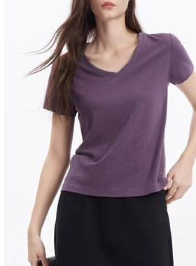 巧珀思｜2025新款柔软透气亚麻棉混纺后中缝V领短袖T恤14191
