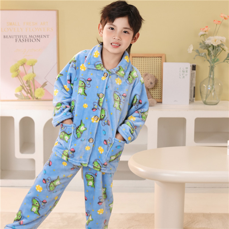 儿童法兰绒睡衣秋冬珊瑚绒男童女童珊瑚绒中小宝宝卡通家居服套装
