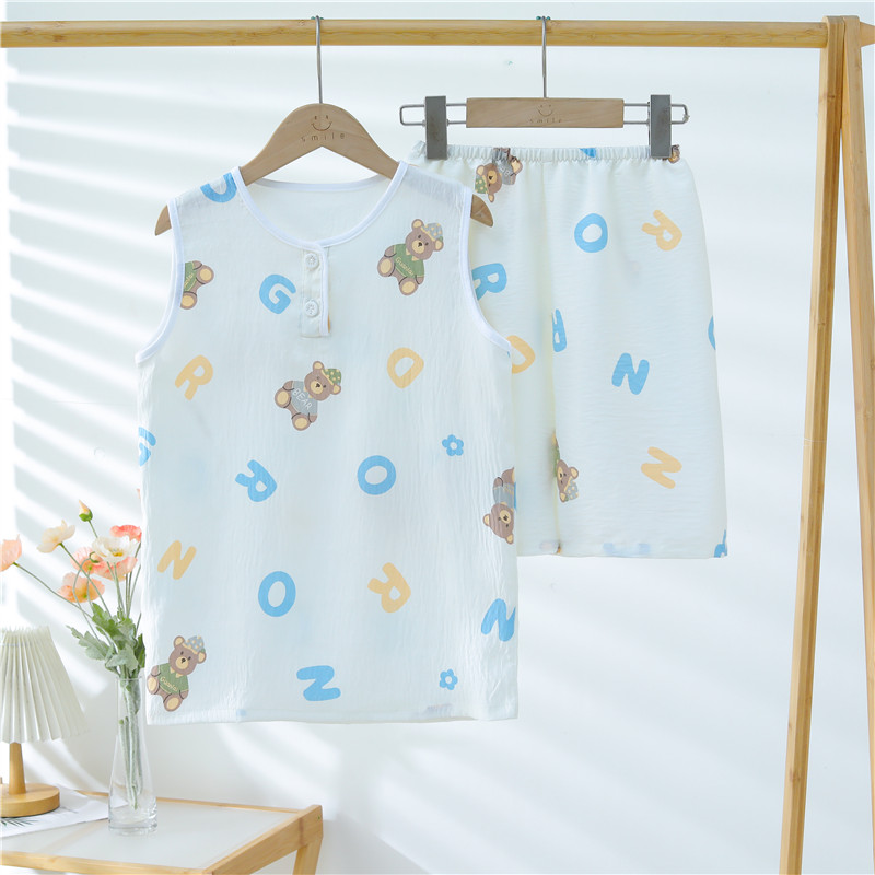 夏季儿童家居服男童女童薄背心小孩夏天无袖套装宝宝云朵棉睡衣