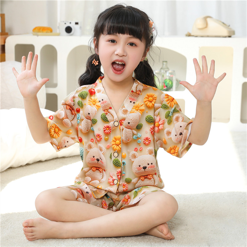 儿童棉绸睡衣春秋季女孩长袖可爱中大童卡通女童可外穿家居服套装