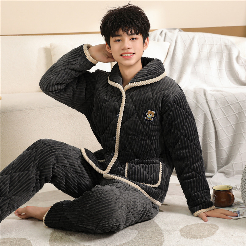 2024年新款睡衣男士秋冬季加绒加厚珊瑚绒三层夹棉冬款家居服男式