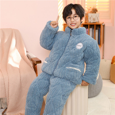 2024冬季男童儿童睡衣法兰绒特厚三层夹棉加厚男孩女中大童家居服