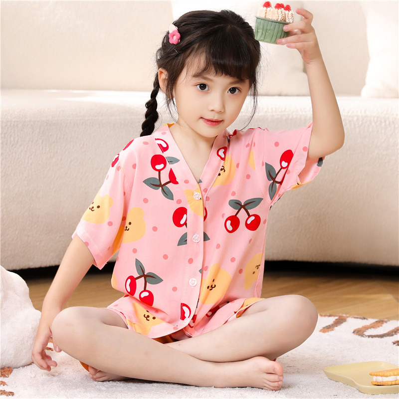 棉绸女童开衫睡衣薄款夏季女童绵绸空调家居服宝宝小孩短袖裤套装