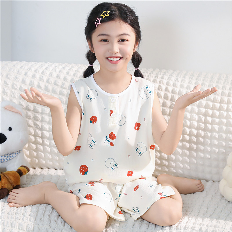 女童空调服夏季薄款云朵棉睡衣无袖套装宝宝透气儿童家居服吸汗