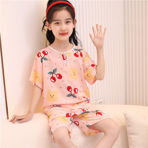 女童棉绸睡衣薄款夏季短袖小孩儿童中小绵绸空调家居服清凉风套装