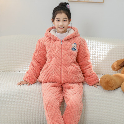 冬季儿童睡衣女童三层夹棉加绒加厚款女孩宝宝大童冬款家居服套装