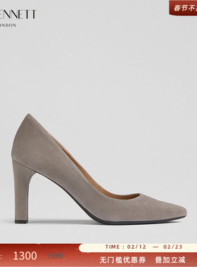 LK BENNETT灰色尖头高跟鞋女2024新款真皮绒面浅口粗跟百搭通勤