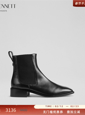 LK BENNETT黑色牛皮短靴2025秋冬新款弹力织物3.5cm厚底方头短筒