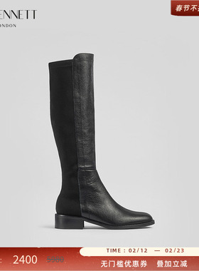 LK BENNETT黑色拼接长筒靴女2024年冬新款设计感弹力粗跟时装靴