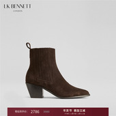 BENNETT咖啡色真皮绒面短靴女2025冬新款 5cm粗跟尖头气质及踝