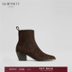 BENNETT咖啡色真皮绒面短靴女2025冬新款 5cm粗跟尖头气质及踝