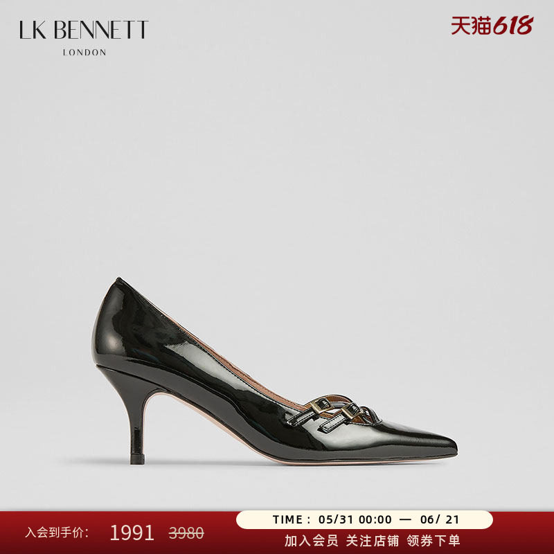 LK BENNETT黑色高跟鞋2025年春新款进口尖头双搭扣设计牛皮跟高6
