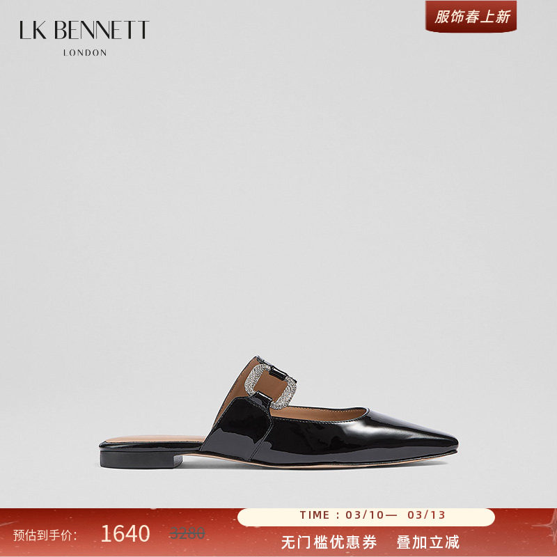 LK BENNETT黑色平底凉拖鞋女2025冬季新款简约真皮牛皮搭扣一字拖
