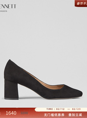 LK BENNETT黑色粗跟单鞋女2024年秋新款浅口绒面职场气质高跟鞋