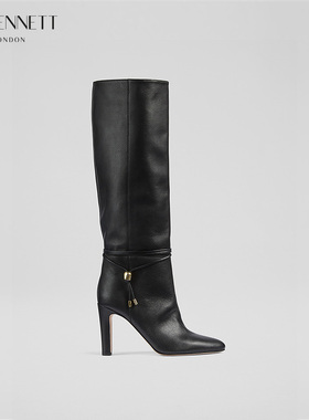 LK BENNETT黑色羊皮长靴2025秋冬新款9.5cm细跟尖头高筒骑士靴