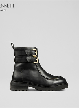 LK BENNETT黑色牛皮短靴女2025秋冬新款4cm厚底金属扣中性风马丁