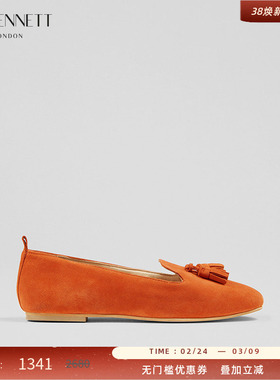 LK BENNETT橙色乐福鞋女2025年冬季新款羊皮绒面复古流苏英伦风